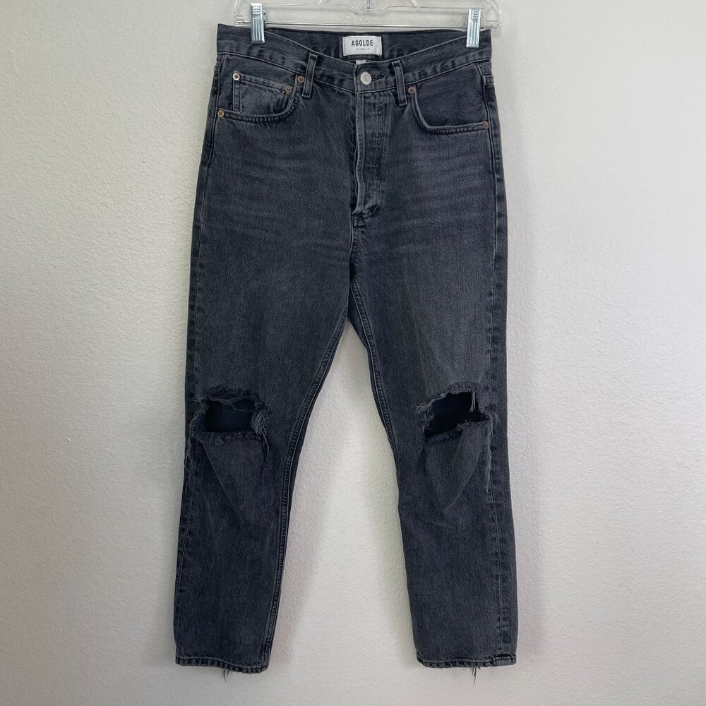 Agolde Womens 26 Riley High Rise Loose Fit Black Ripped Jeans Distressed Button‎